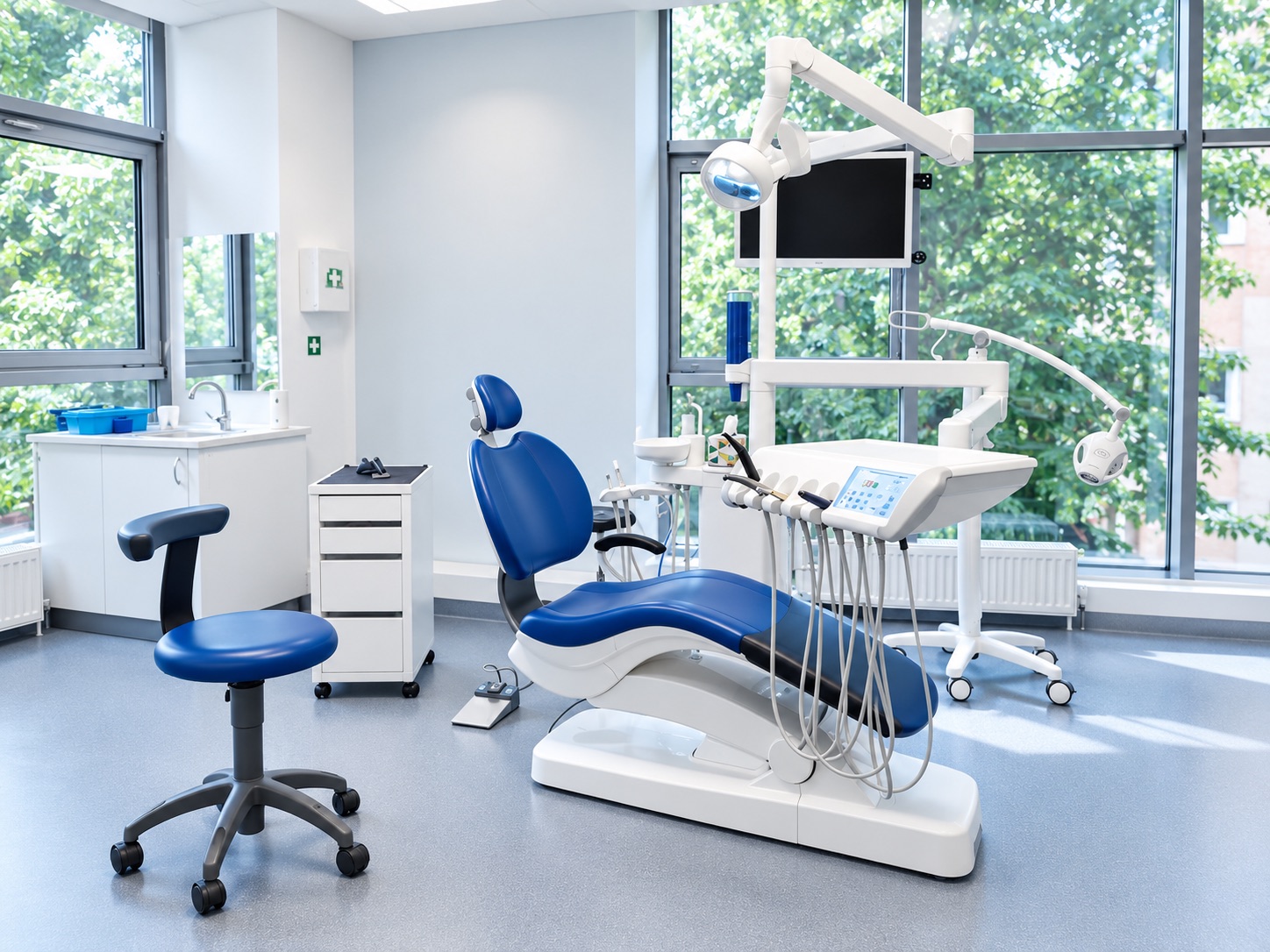 Cabinetul Clinicii Dr. Brindas, cu unit dentar modern și ferestre mari spre verdeață